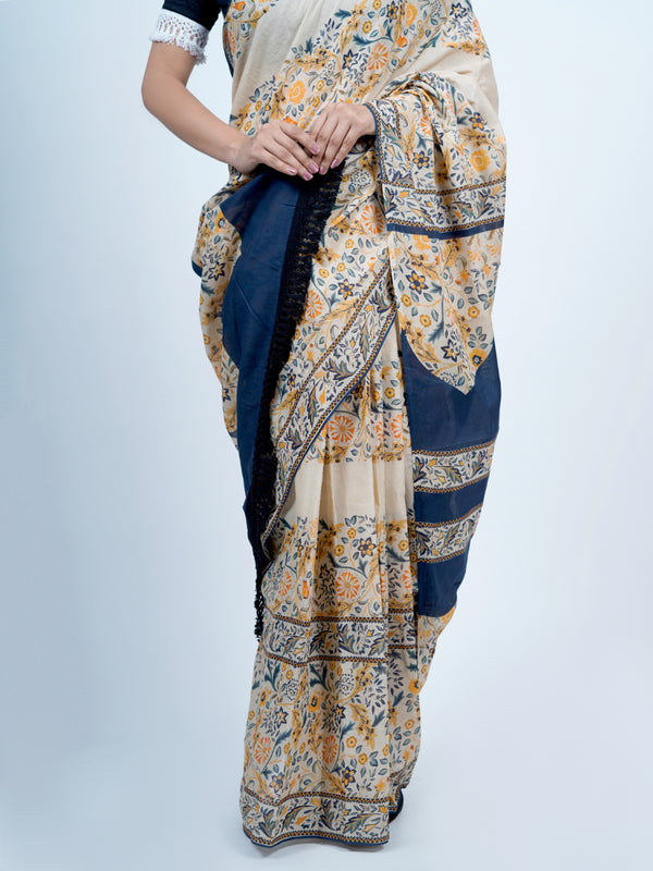 Beige Floral Printed Cotton Saree for Women