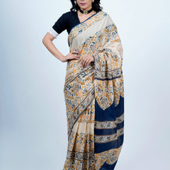 Beige Floral Printed Cotton Saree for Women