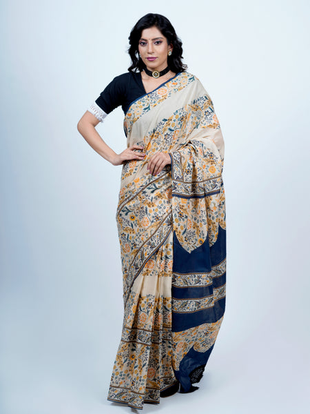 Beige Floral Printed Cotton Saree for Women
