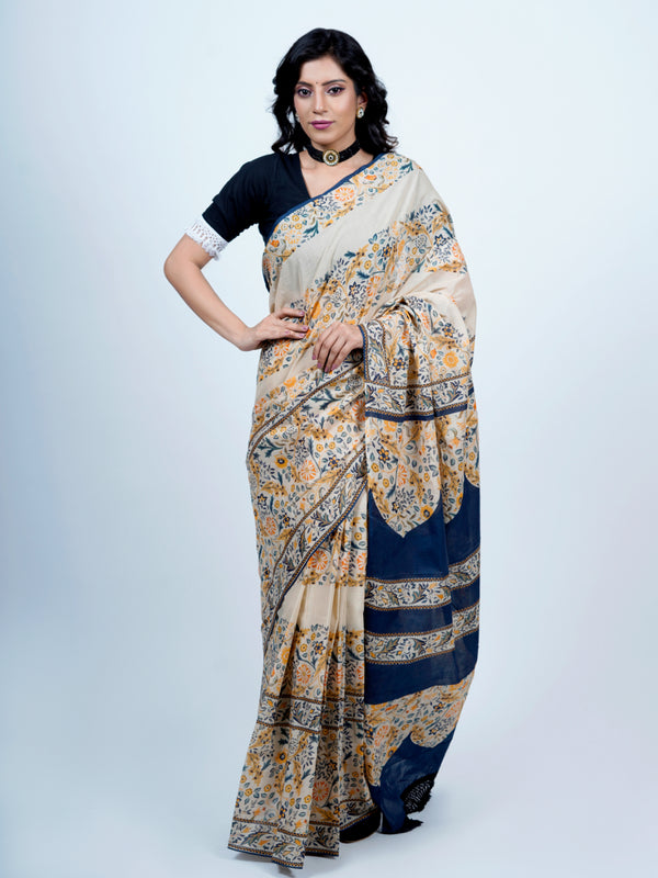 Beige Floral Printed Cotton Saree for Women