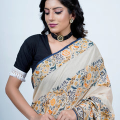 Beige Floral Printed Cotton Saree for Women
