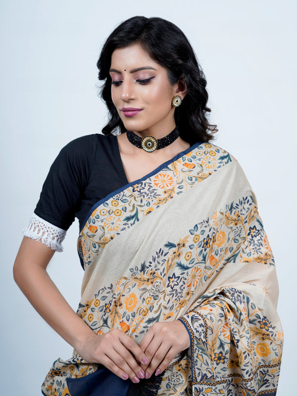 Beige Floral Printed Cotton Saree for Women