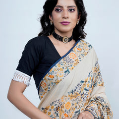 Beige Floral Printed Cotton Saree for Women