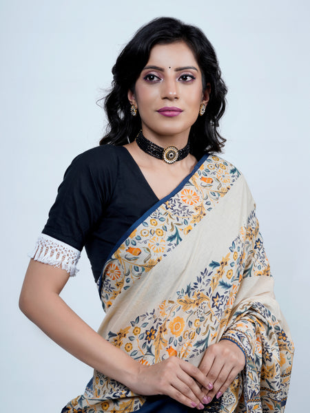 Beige Floral Printed Cotton Saree for Women