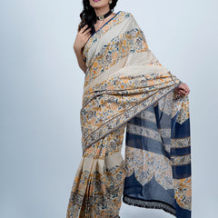 Beige Floral Printed Cotton Saree for Women