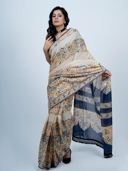 Beige Floral Printed Cotton Saree for Women