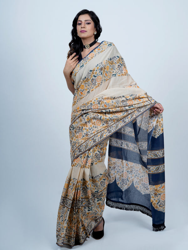 Beige Floral Printed Cotton Saree for Women