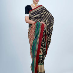 Black Floral Printed Cotton Saree for Women