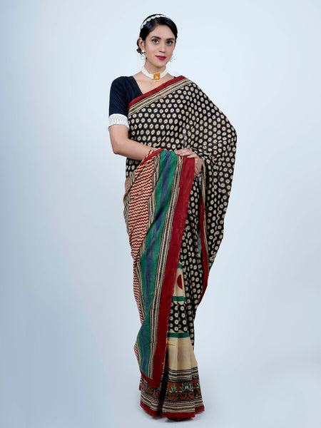 Black Floral Printed Cotton Saree for Women