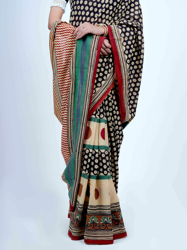 Black Floral Printed Cotton Saree for Women