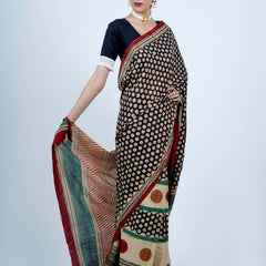 Black Floral Printed Cotton Saree for Women