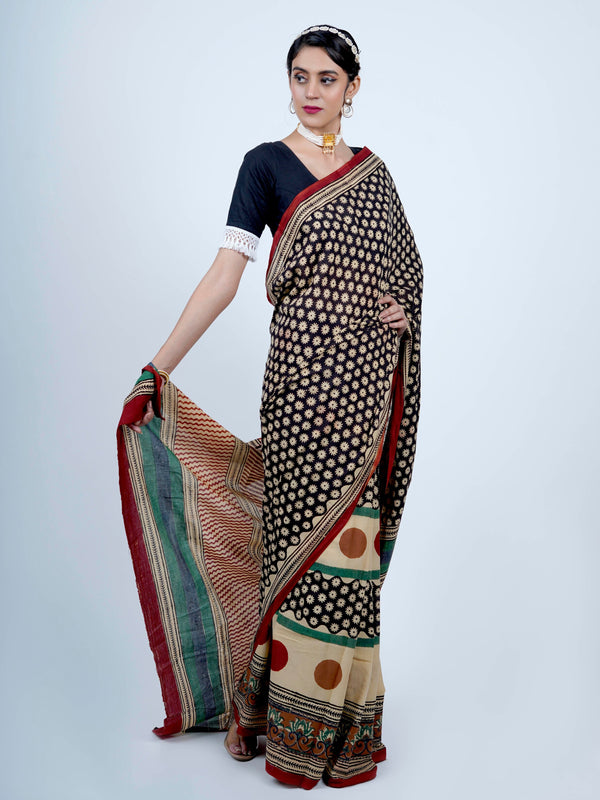 Black Floral Printed Cotton Saree for Women