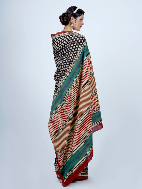 Black Floral Printed Cotton Saree for Women