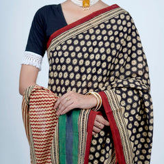 Black Floral Printed Cotton Saree for Women