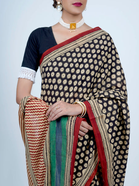 Black Floral Printed Cotton Saree for Women