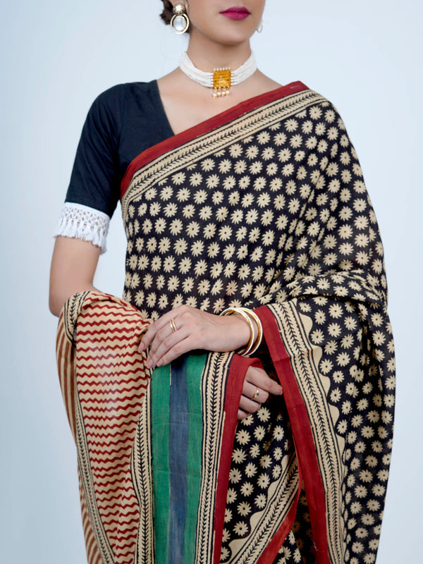 Black Floral Printed Cotton Saree for Women