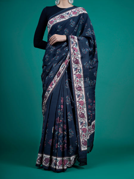 Blue Floral Pure Cotton Saree for Women