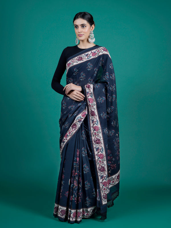 Blue Floral Pure Cotton Saree for Women