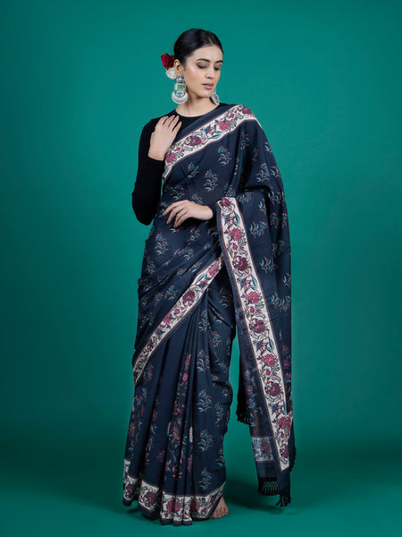 Blue Floral Pure Cotton Saree for Women
