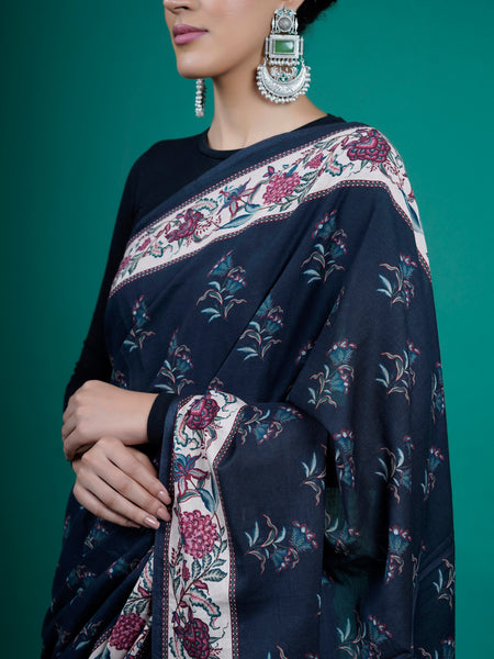 Blue Floral Pure Cotton Saree for Women
