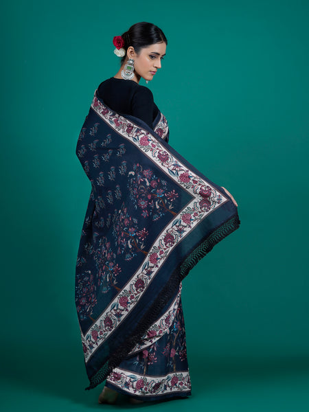 Blue Floral Pure Cotton Saree for Women