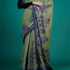 Green Floral Printed Cotton Saree for Women