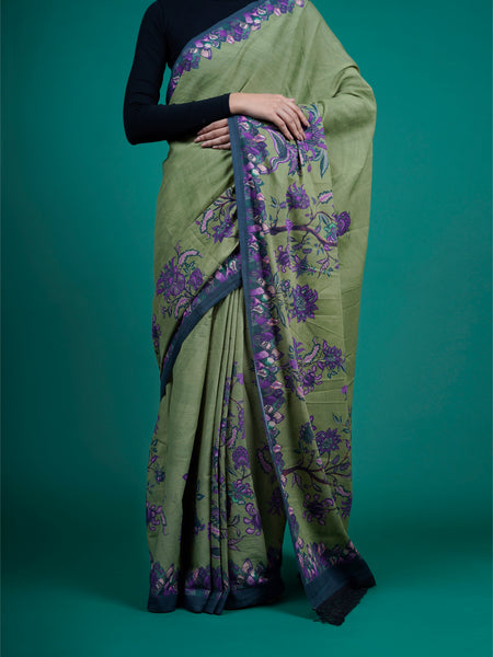 Green Floral Printed Cotton Saree for Women