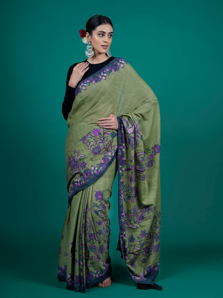 Green Floral Printed Cotton Saree for Women