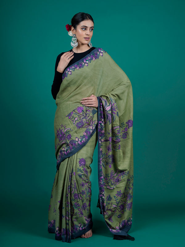 Green Floral Printed Cotton Saree for Women