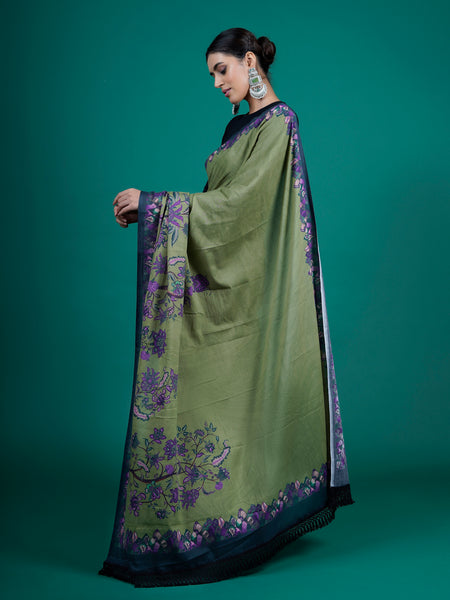 Green Floral Printed Cotton Saree for Women