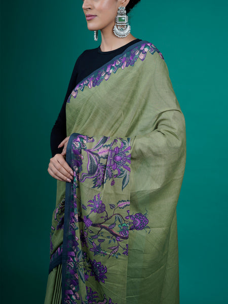 Green Floral Printed Cotton Saree for Women