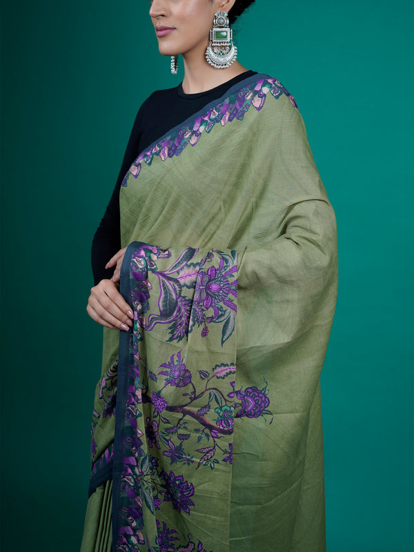 Green Floral Printed Cotton Saree for Women