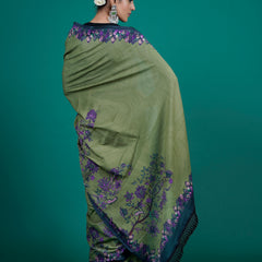 Green Floral Printed Cotton Saree for Women
