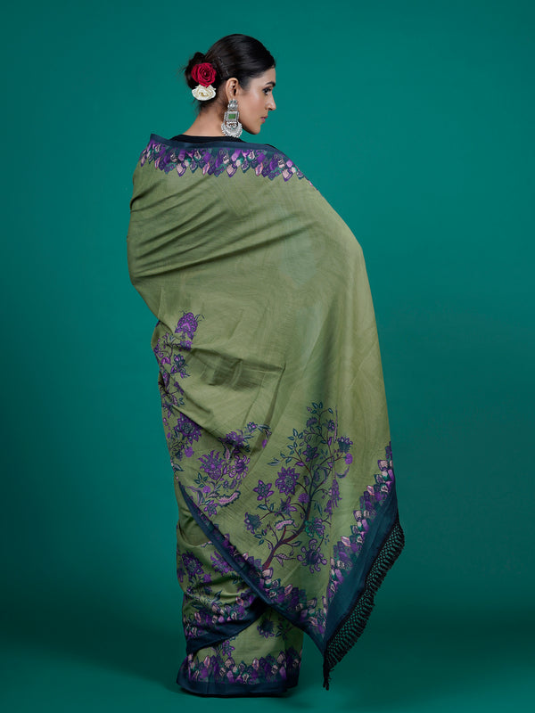 Green Floral Printed Cotton Saree for Women