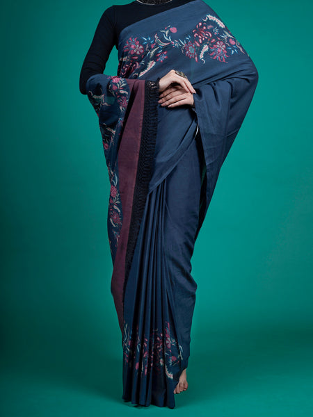 Blue Floral Pure Cotton Saree for Women