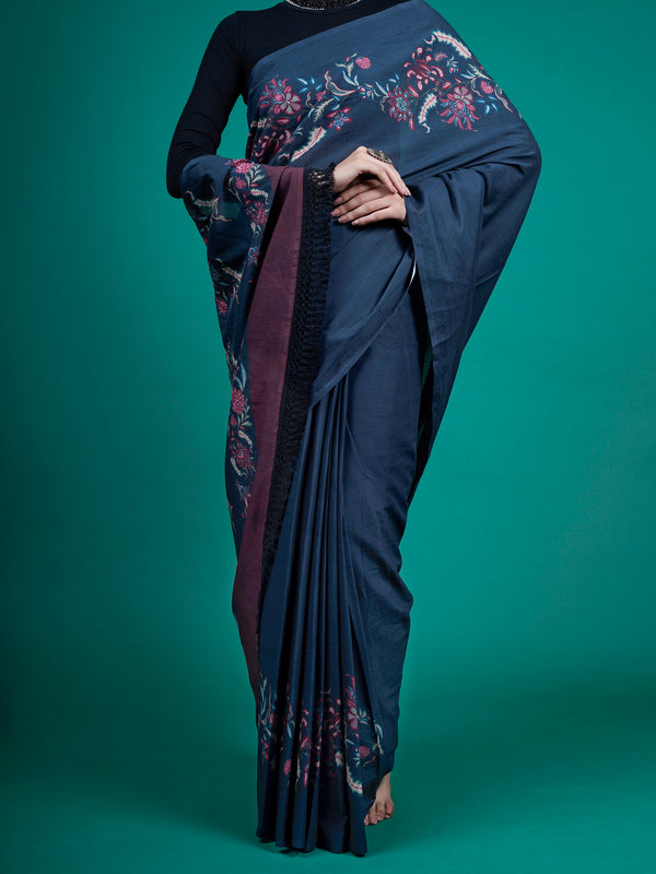 Blue Floral Pure Cotton Saree for Women