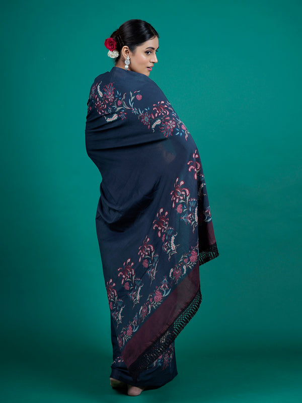 Blue Floral Pure Cotton Saree for Women