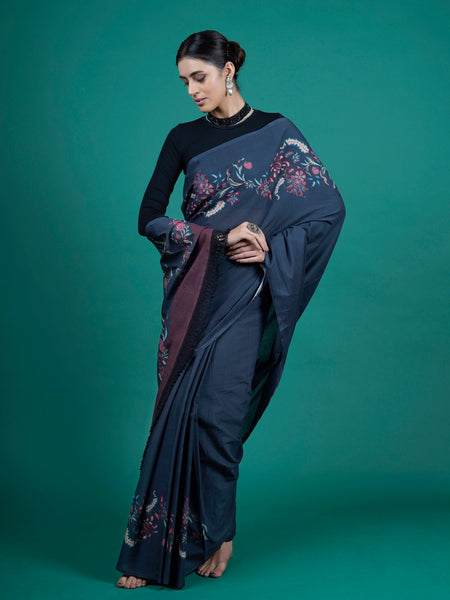 Blue Floral Pure Cotton Saree for Women