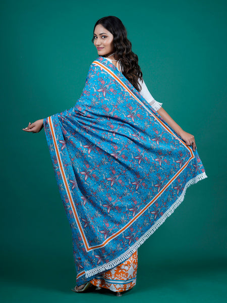 Blue Floral Printed Pure Cotton Saree for Women