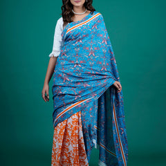 Blue Floral Printed Pure Cotton Saree for Women