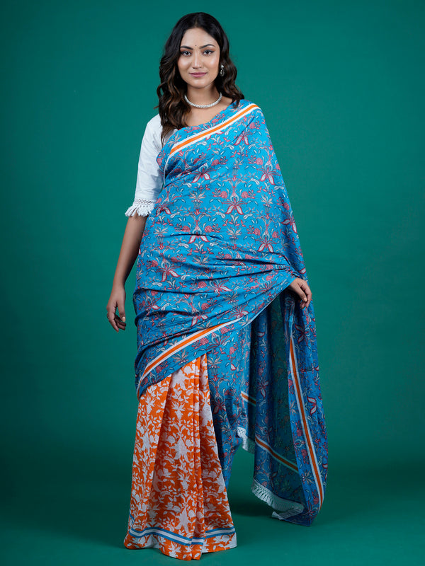 Blue Floral Printed Pure Cotton Saree for Women