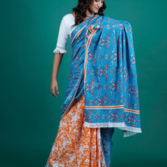 Blue Floral Printed Pure Cotton Saree for Women
