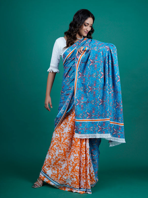 Blue Floral Printed Pure Cotton Saree for Women