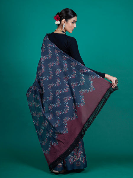 Blue Floral Printed Cotton Saree for Women