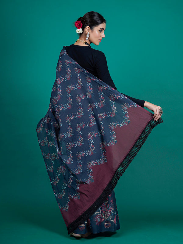 Blue Floral Printed Cotton Saree for Women