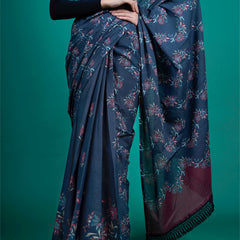 Blue Floral Printed Cotton Saree for Women