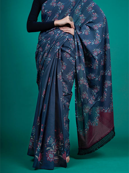 Blue Floral Printed Cotton Saree for Women
