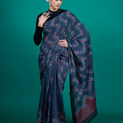 Blue Floral Printed Cotton Saree for Women