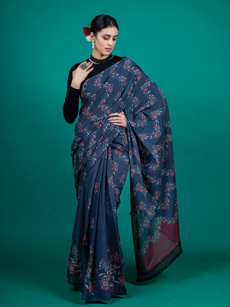 Blue Floral Printed Cotton Saree for Women