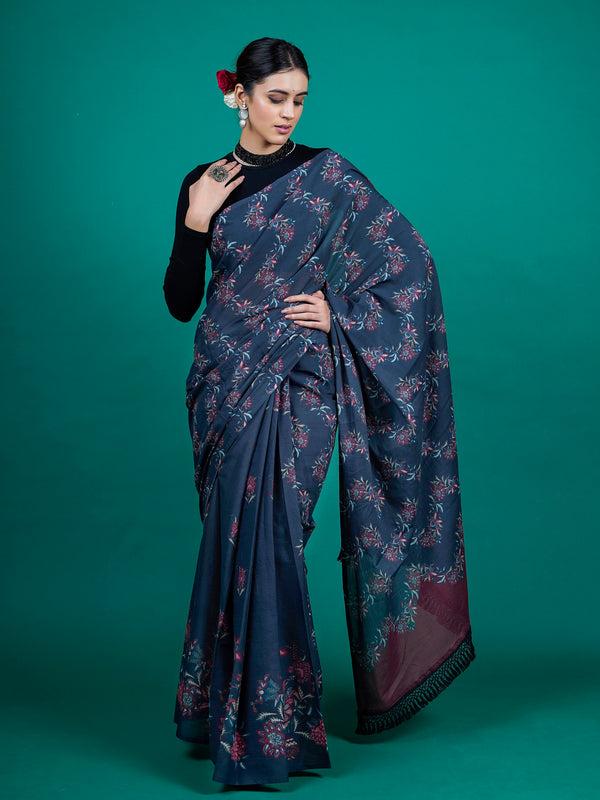Blue Floral Printed Cotton Saree for Women